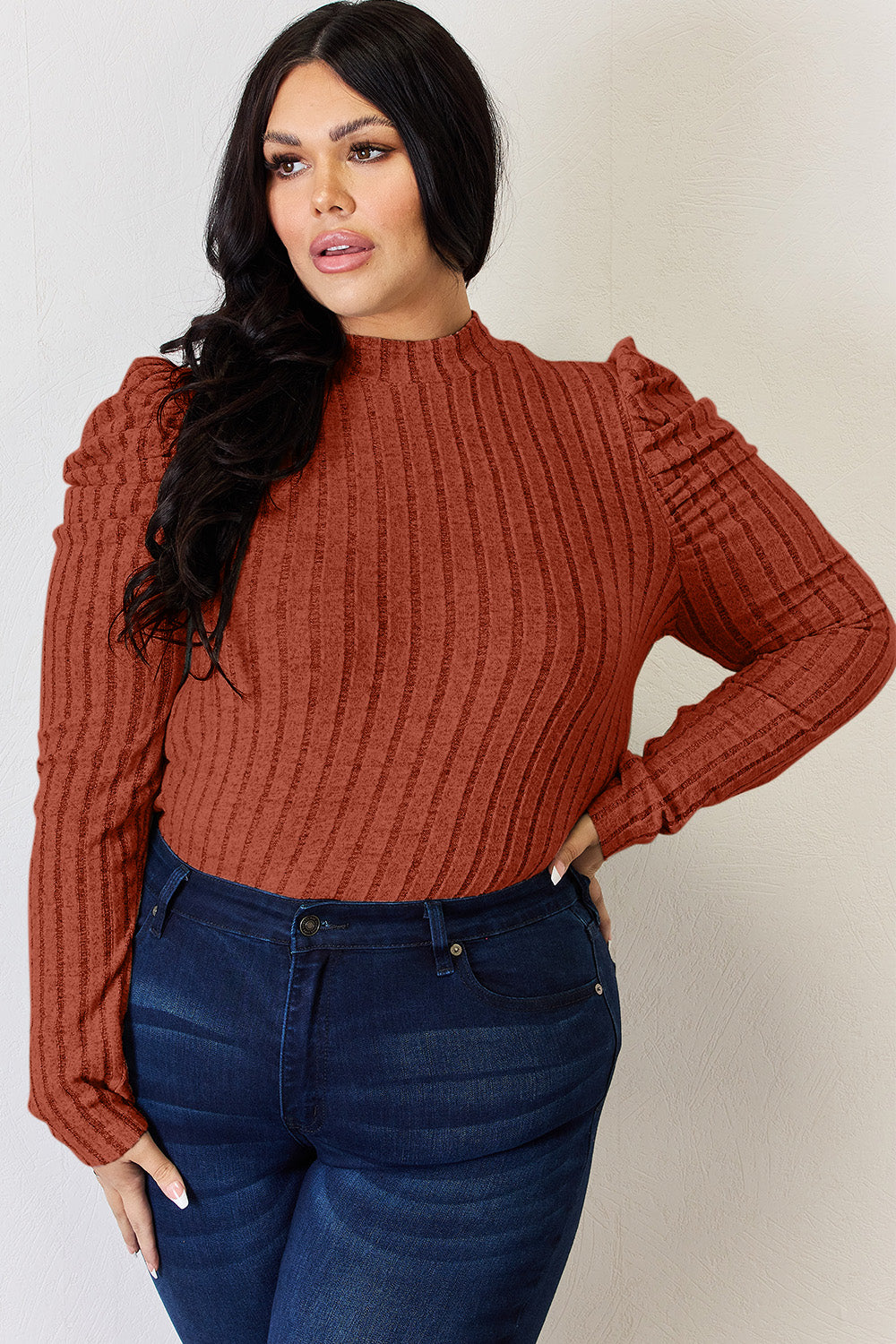 Ribbed Mock Neck Puff Sleeve by Basic Bae