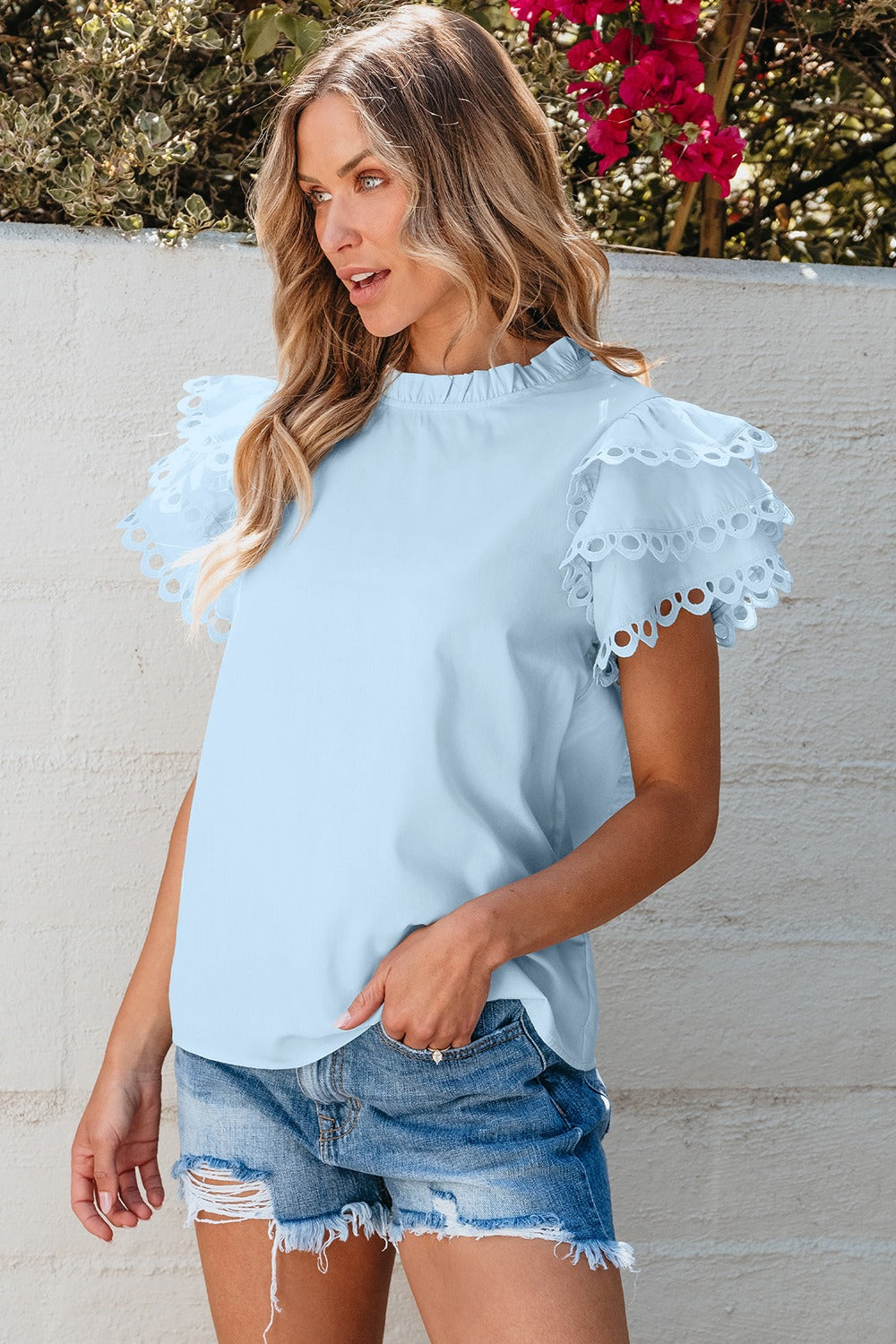 Ruffled Eyelet Round Neck Cap Sleeve Blouse by SYNZ