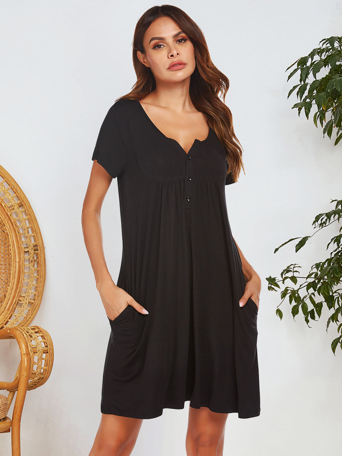 Notched Short Sleeve Mini Lounge Dress by DEW