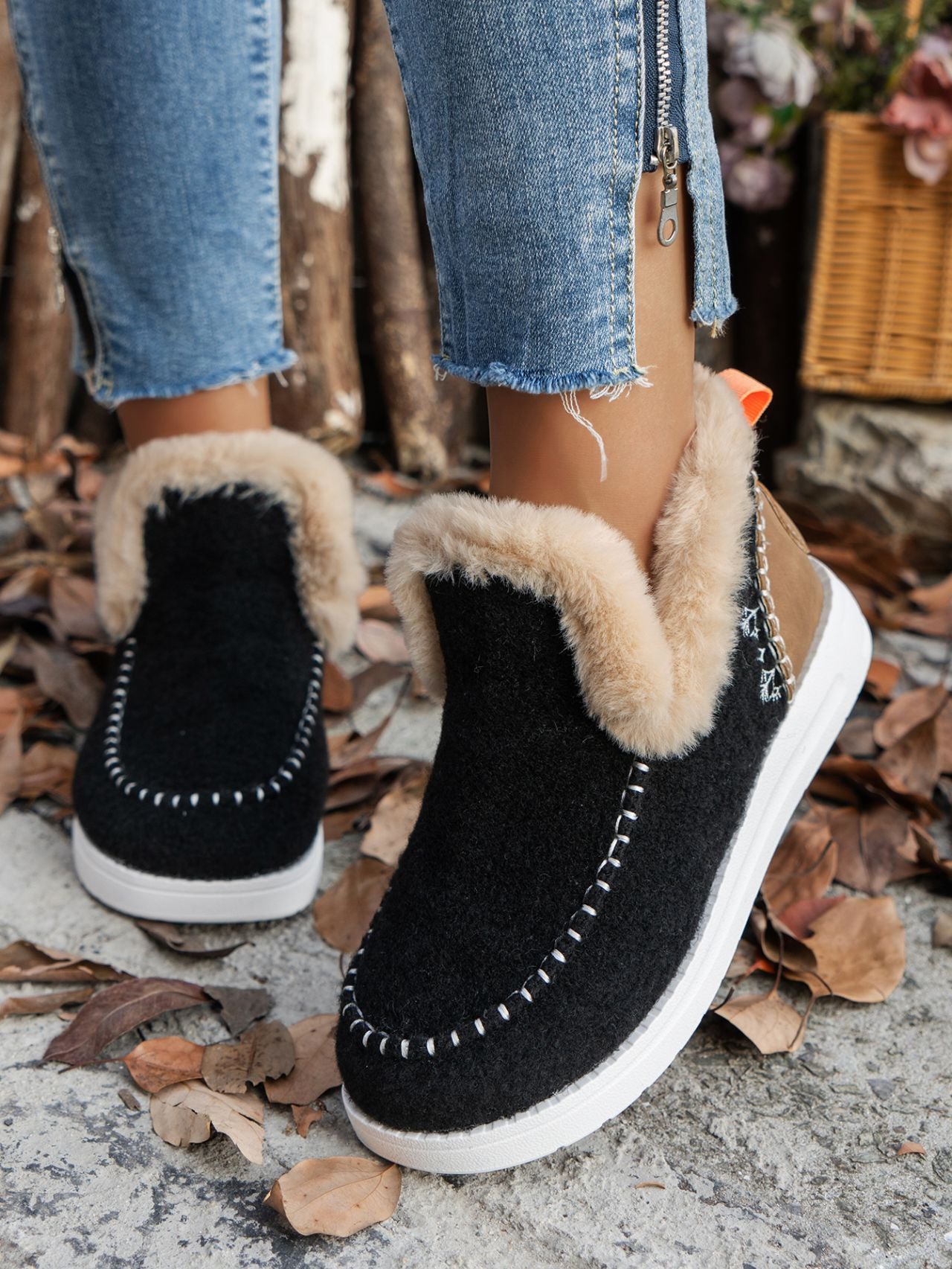 Furry Suede Round Toe Flat Sneakers by Trendsi