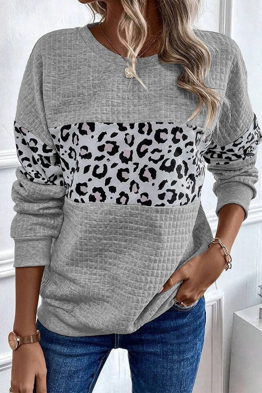 Leopard Round Neck Long Sleeve Sweatshirt by SYNZ