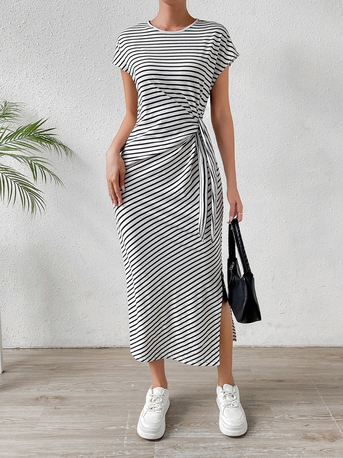 Tied Striped Round Neck Short Sleeve Tee Dress by Hanny