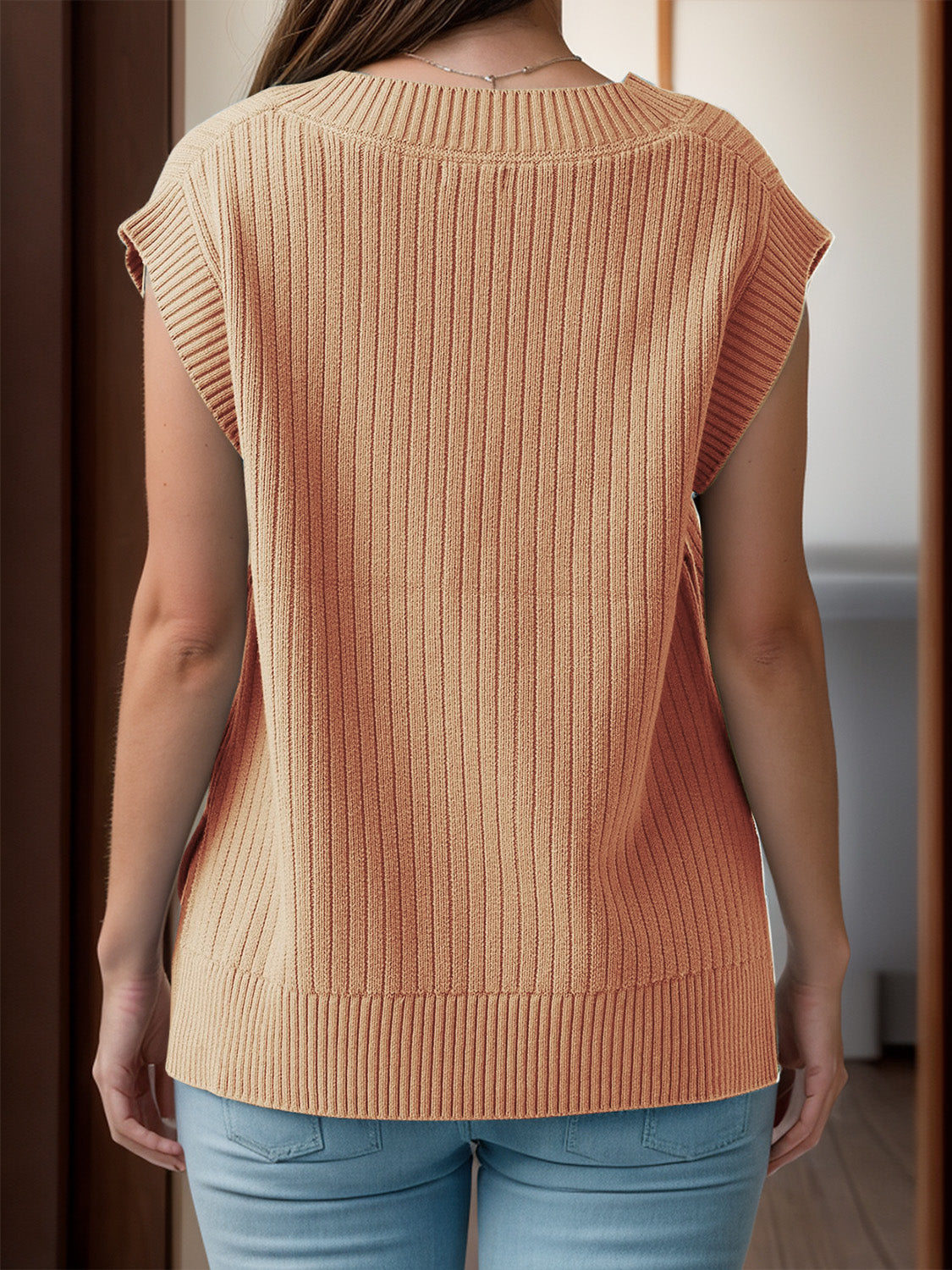 V-Neck Cap Sleeve Knit Vest by Trendsi