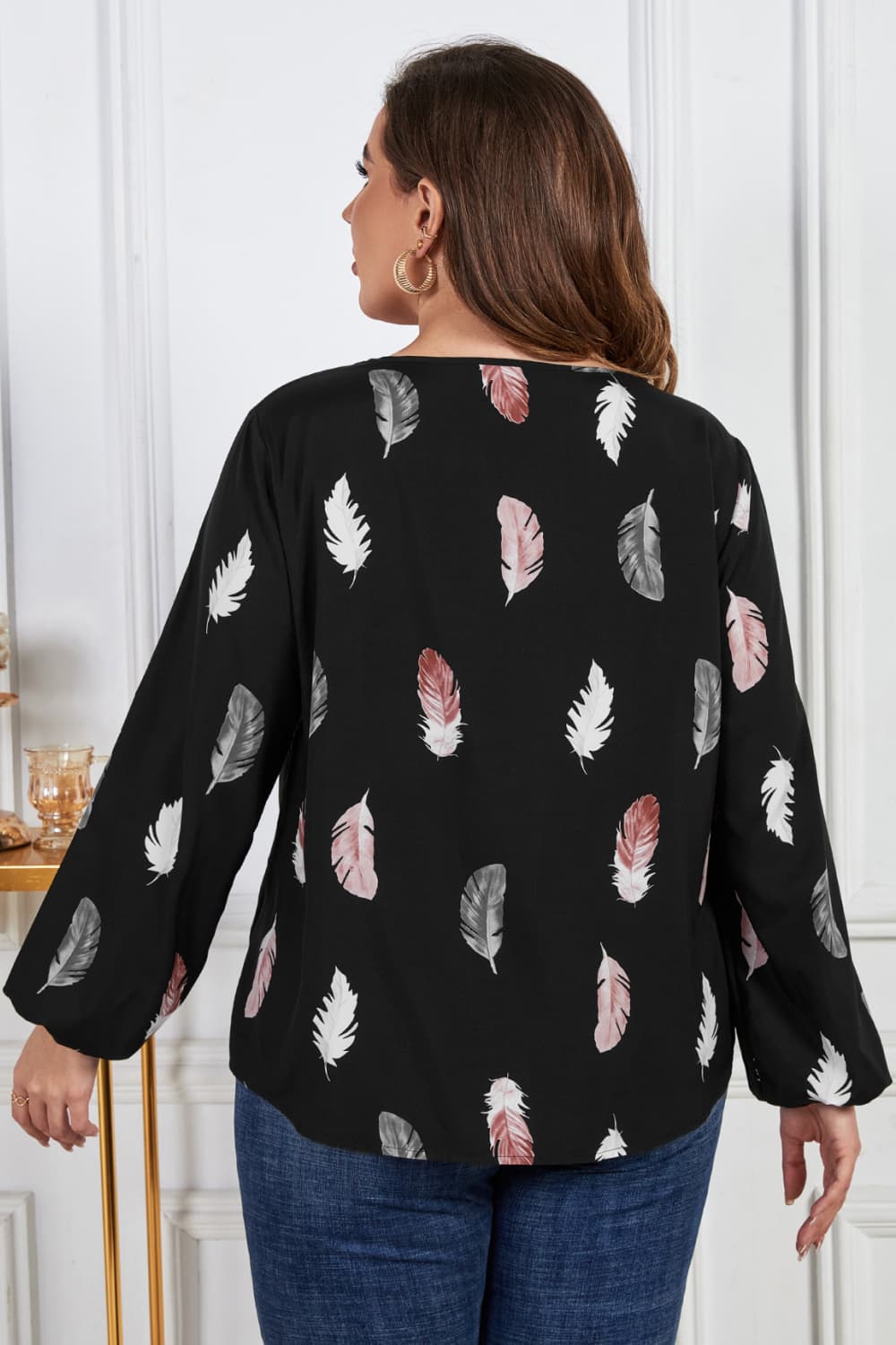 Printed Round Neck Long Sleeve Cutout Blouse