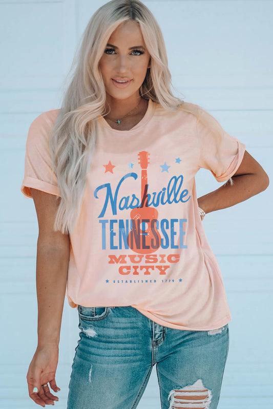 Nashville Tennessee Music City Pink Cuffed Short Sleeve Graphic Tee by Trendsi