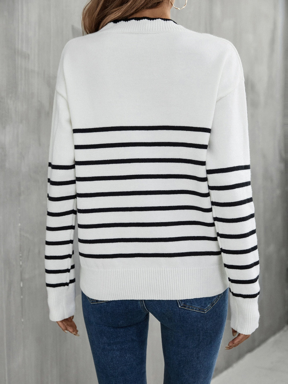 Striped V-Neck Drop Shoulder Sweater by Trendsi