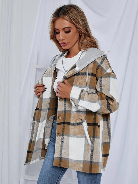 Plaid Hooded Jacket with Pockets by Trendsi