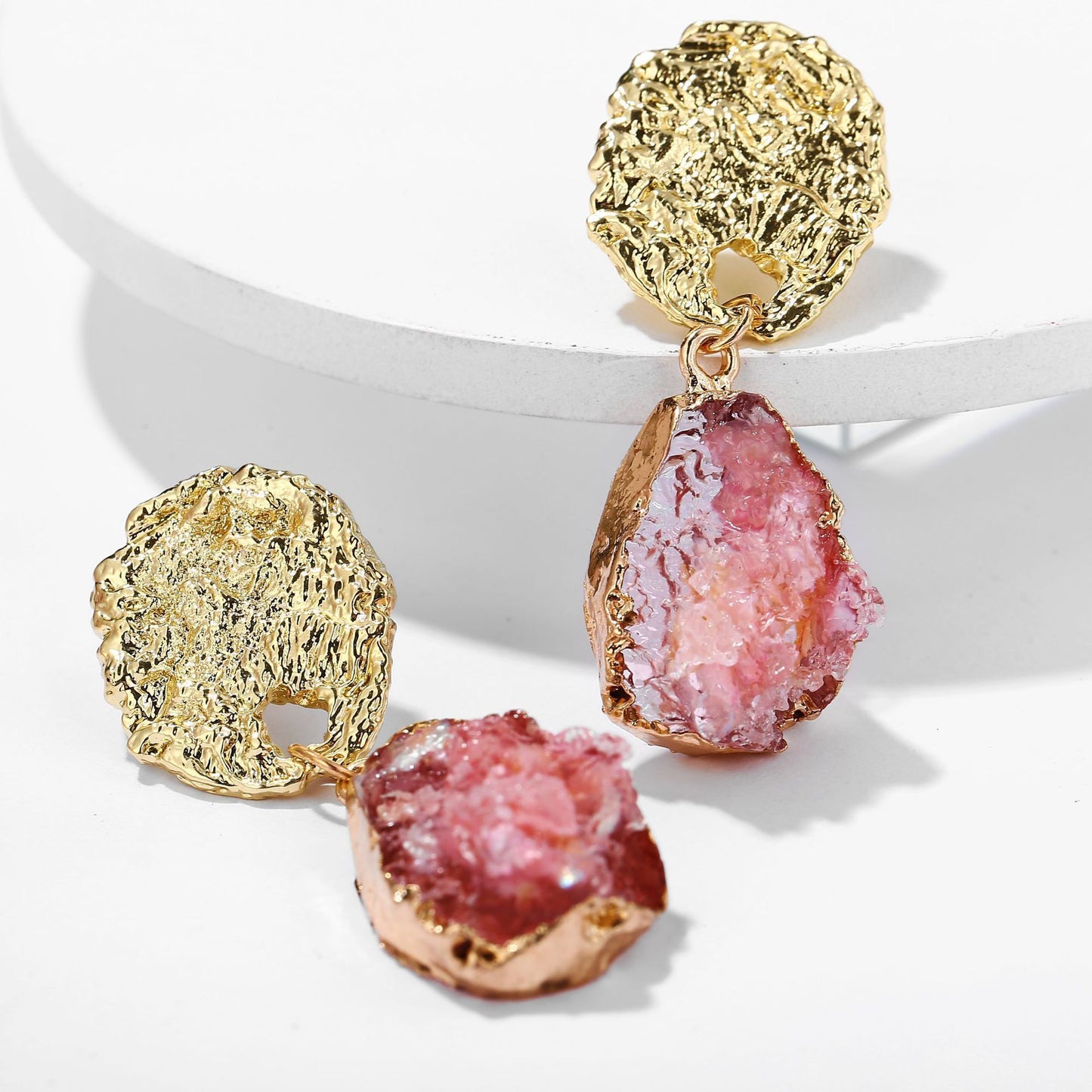 Glass Stone Drop Earring - Pink 18K Gold Plated Earring