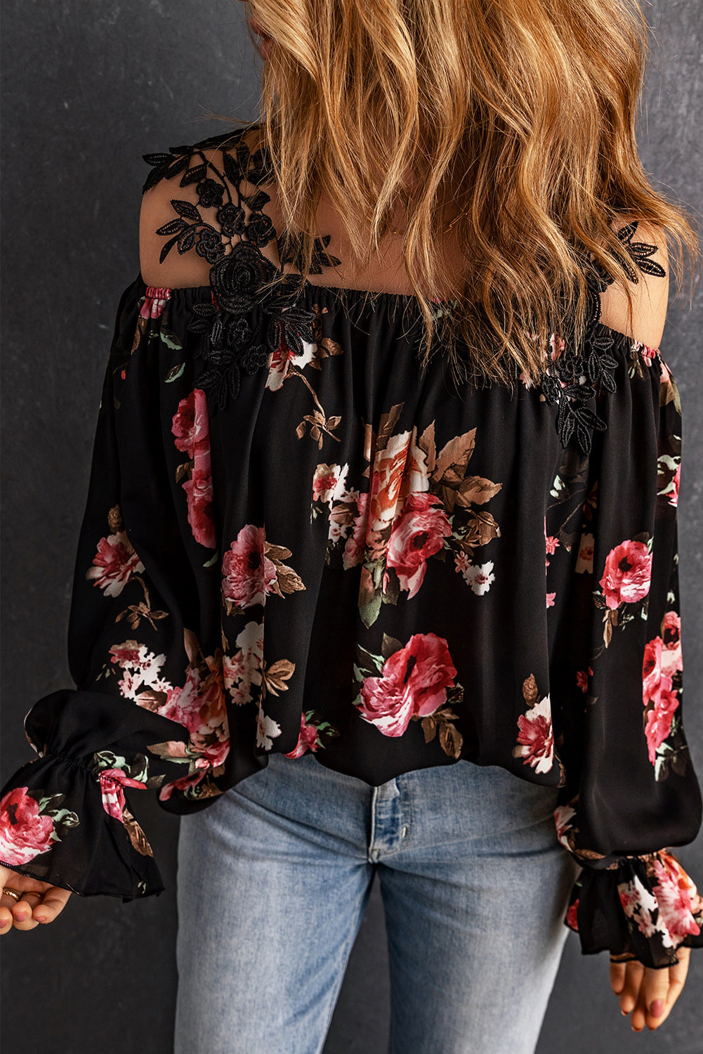 Floral Lace Cold-Shoulder Flounce Sleeve Blouse by Trendsi