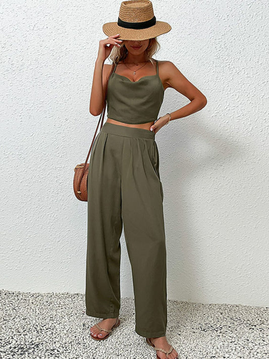 Crisscross Back Cropped Top and Pants Set by Trendsi