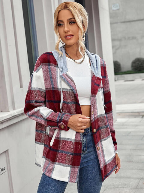 Plaid Hooded Jacket with Pockets by Trendsi