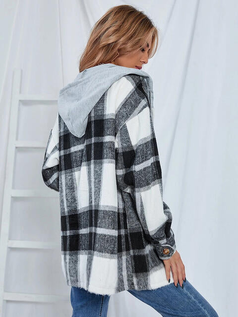 Plaid Hooded Jacket with Pockets by Trendsi