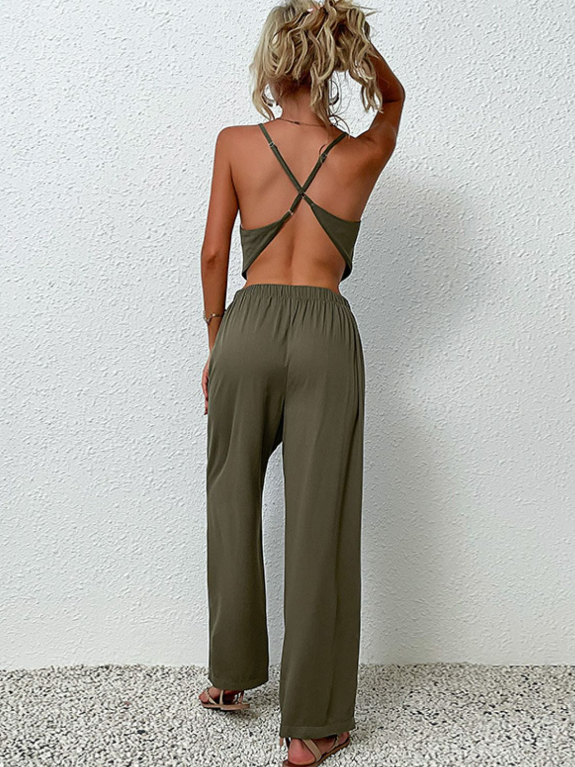 Crisscross Back Cropped Top and Pants Set by Trendsi