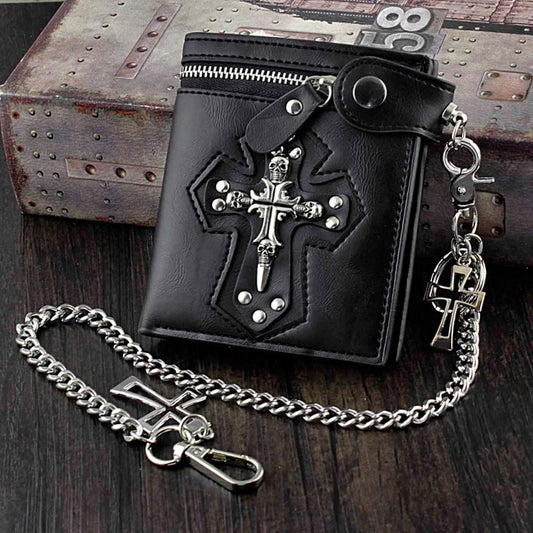 Men's Gothic Cross Clasp Leather Wallet with Biker Chain