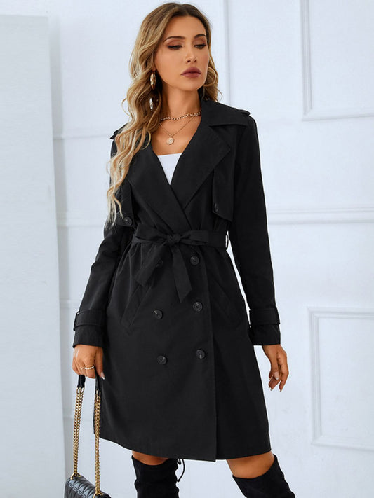 Lapel Collar Tie Belt Double-Breasted Trench Coat by Trendsi