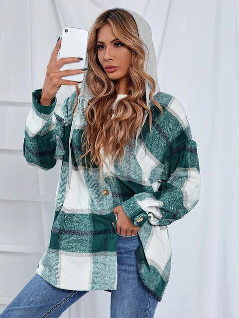 Plaid Hooded Jacket with Pockets by Trendsi