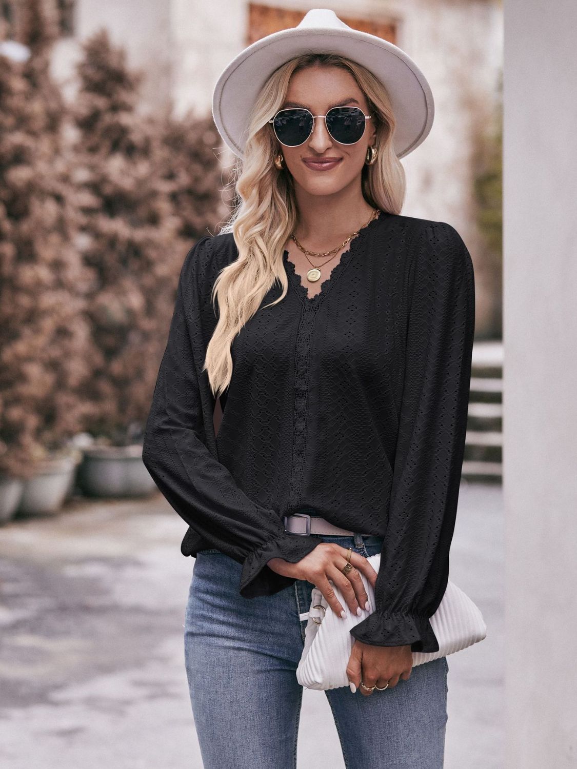 Eyelet V-Neck Flounce Sleeve Blouse by Trendsi