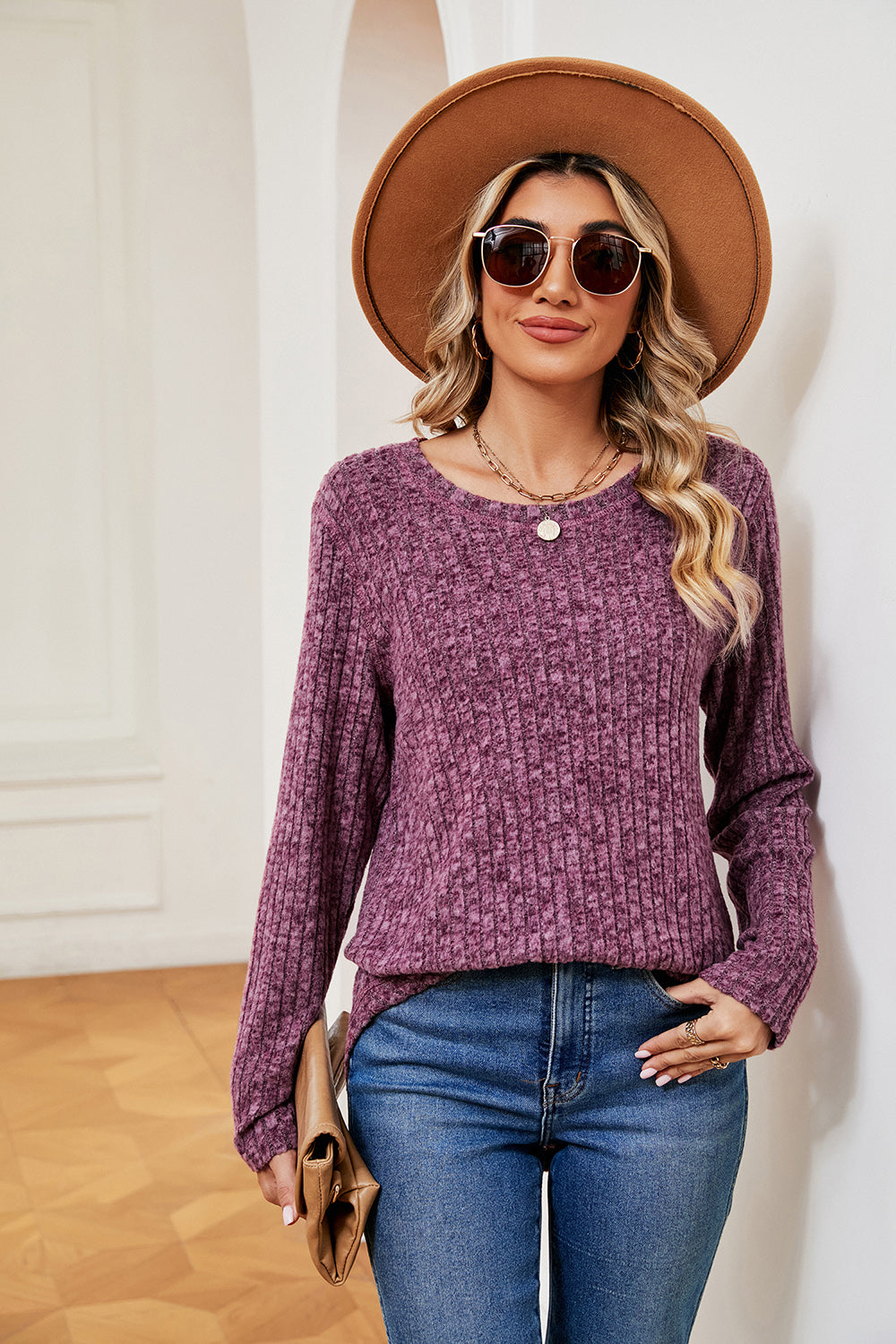 Heathered Round Neck Top by Trendsi