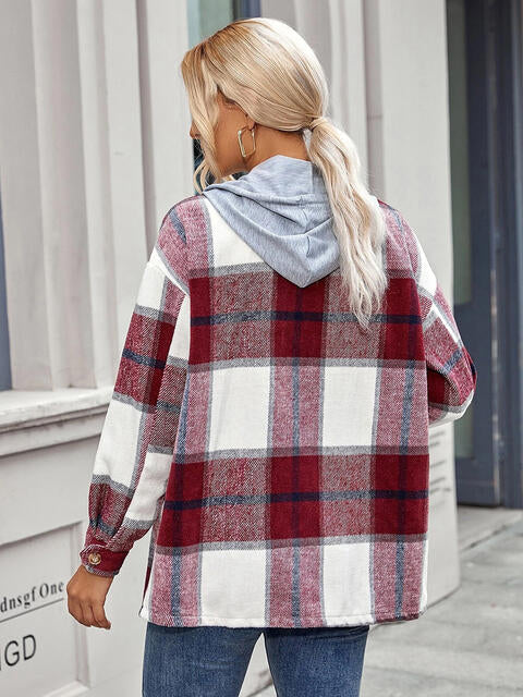 Plaid Hooded Jacket with Pockets by Trendsi