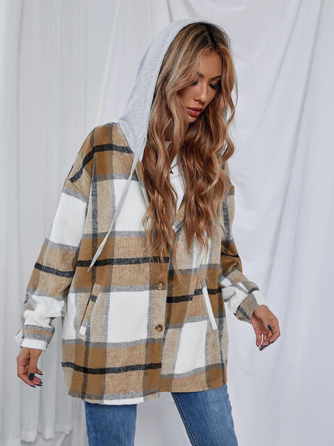 Plaid Hooded Jacket with Pockets by Trendsi