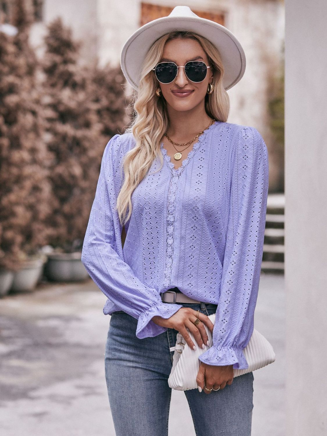 Eyelet V-Neck Flounce Sleeve Blouse by Trendsi