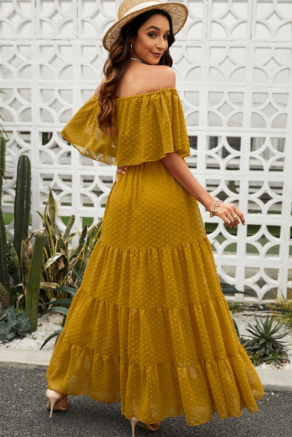 Swiss Dot Off-Shoulder Tiered Maxi Dress by Trendsi