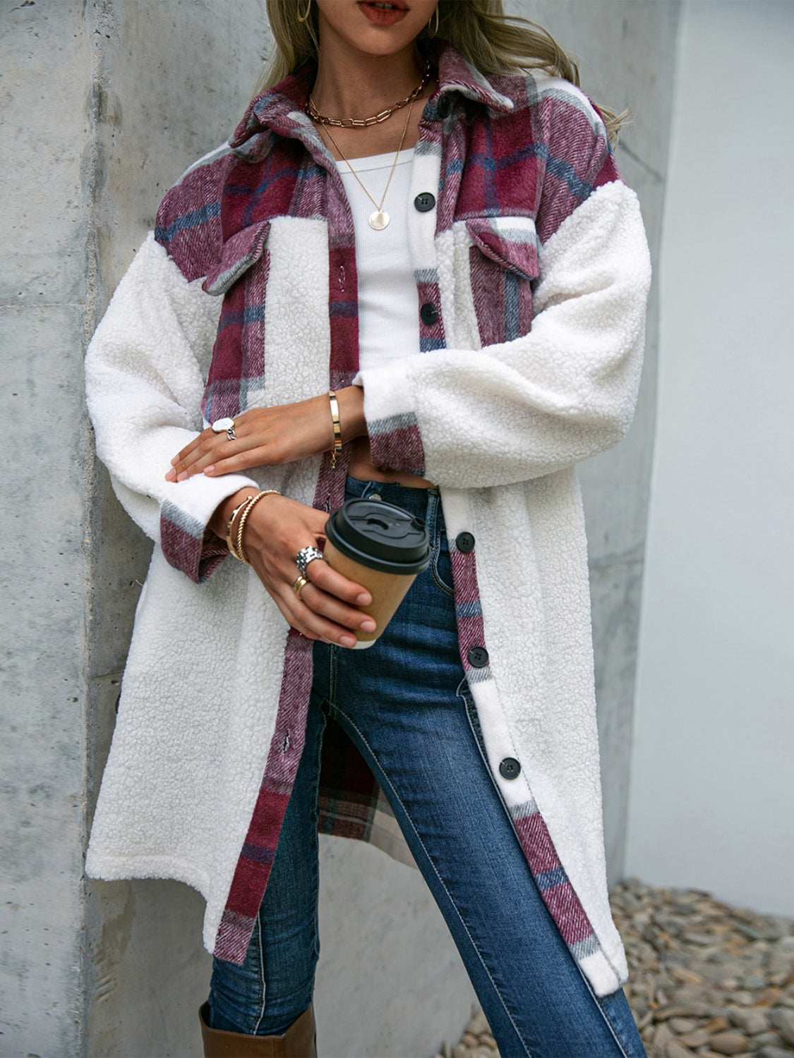 Plaid Dropped Shoulder Longline Coat by Trendsi