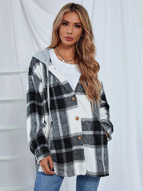 Plaid Hooded Jacket with Pockets by Trendsi