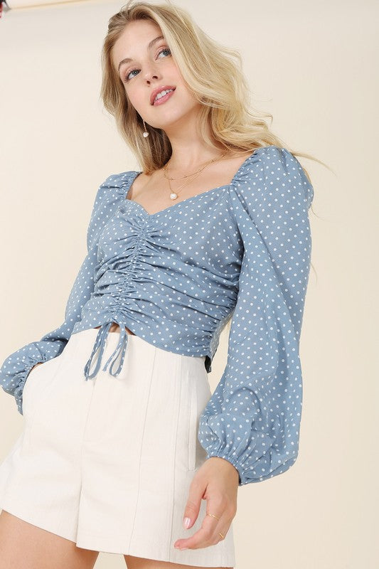 Ruched Polka Dot Crop Top with Puff Sleeves by Lilou