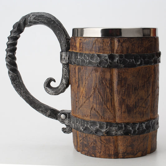 Stainless Steel Resin Wooden Barrel Beer Mug