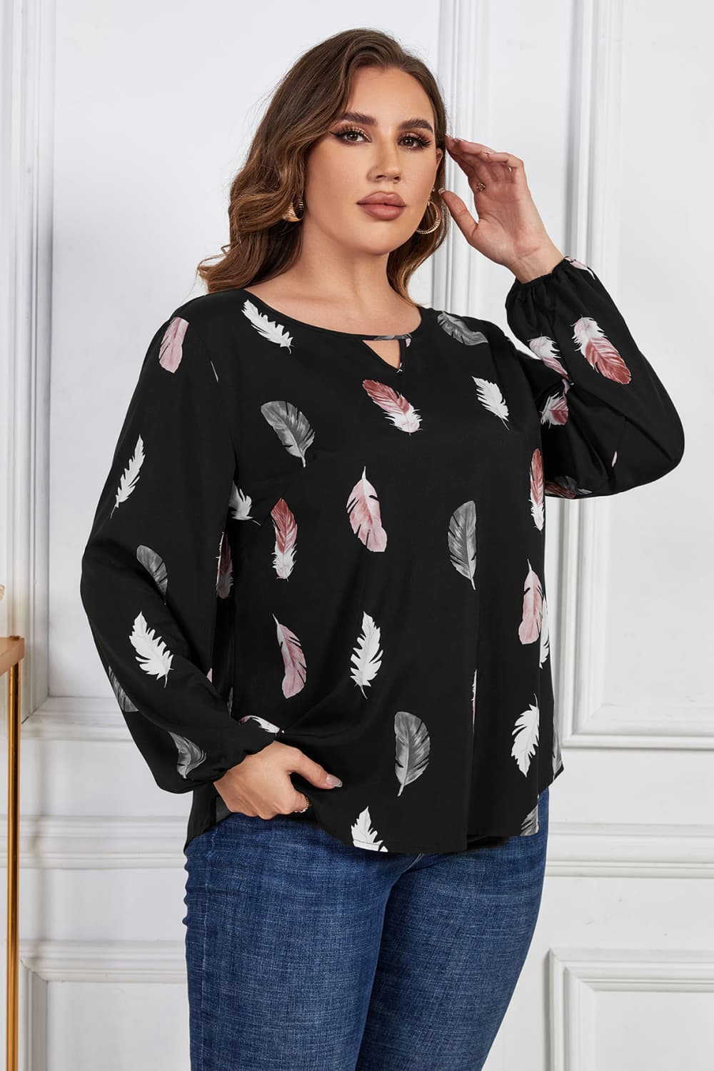 Printed Round Neck Long Sleeve Cutout Blouse