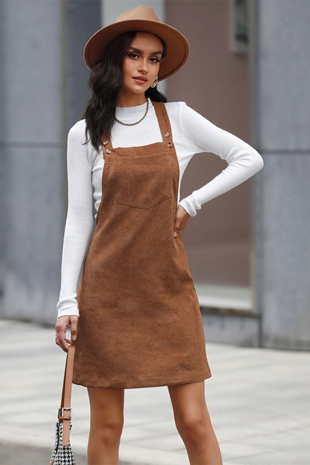 Corduroy Mini Overall Dress with Pocket by Hundreth