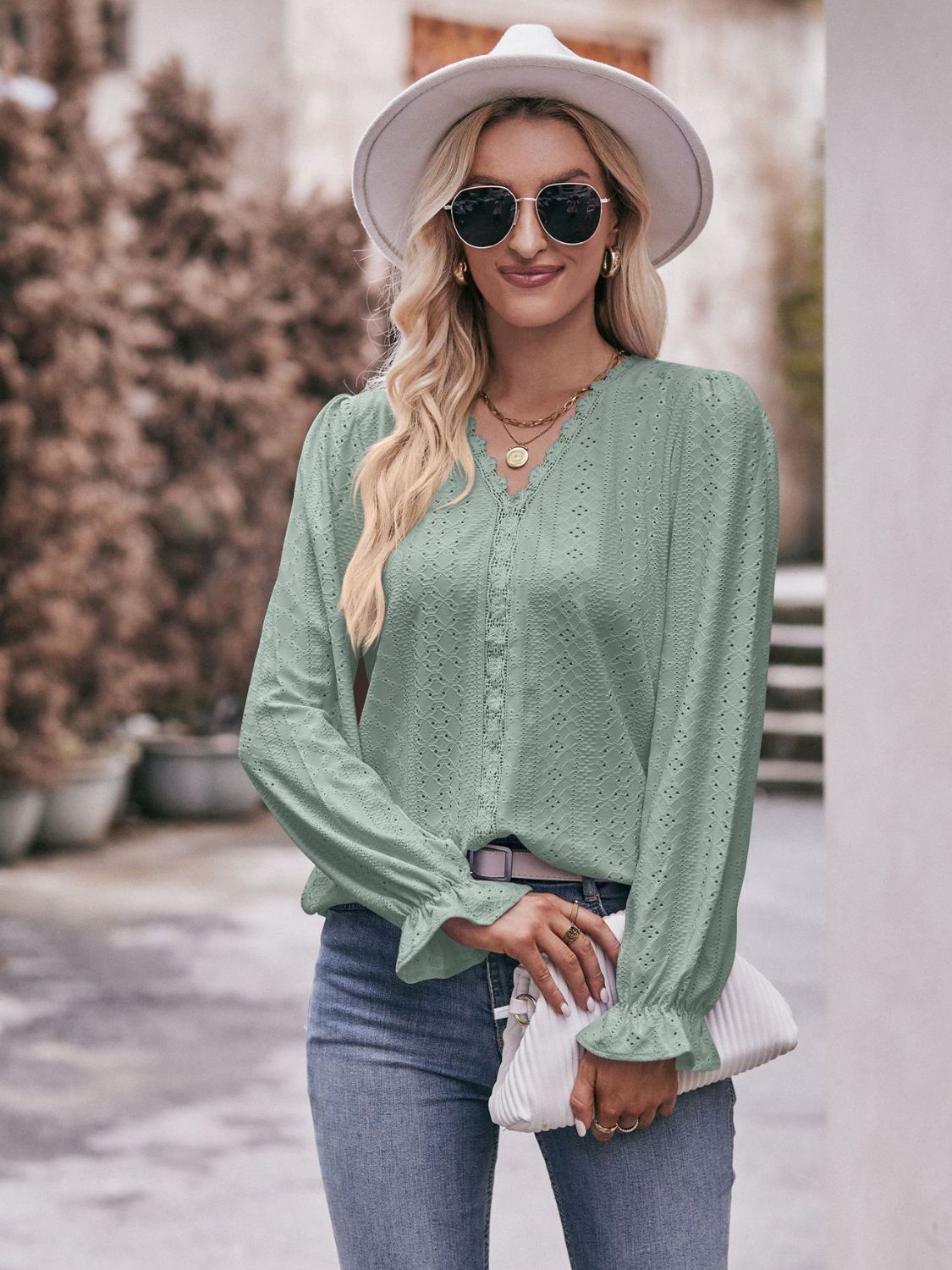 Eyelet V-Neck Flounce Sleeve Blouse by Trendsi