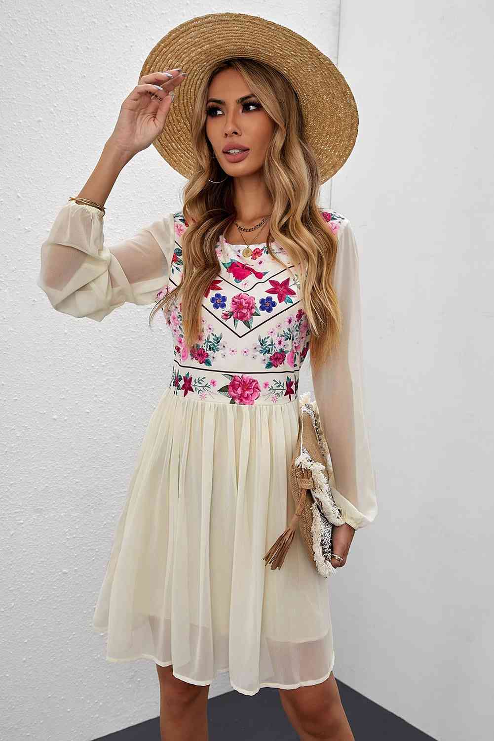 Floral Mesh Sleeve Lined Dress by Trendsi