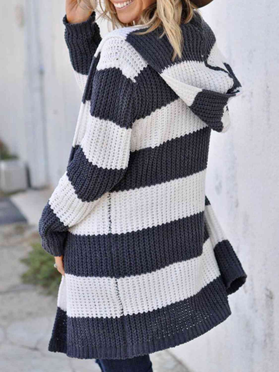 Striped Open Front Hooded Cardigan by Trendsi