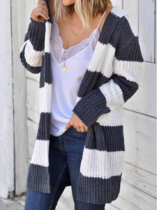 Striped Open Front Hooded Cardigan by Trendsi