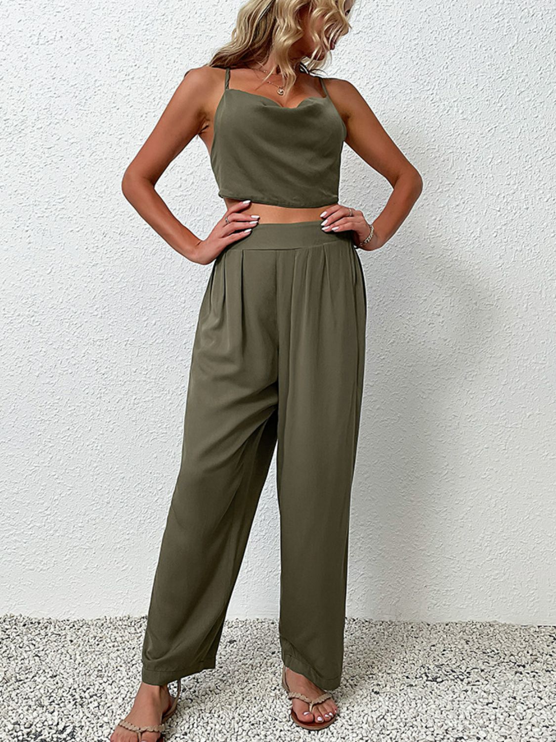 Crisscross Back Cropped Top and Pants Set by Trendsi