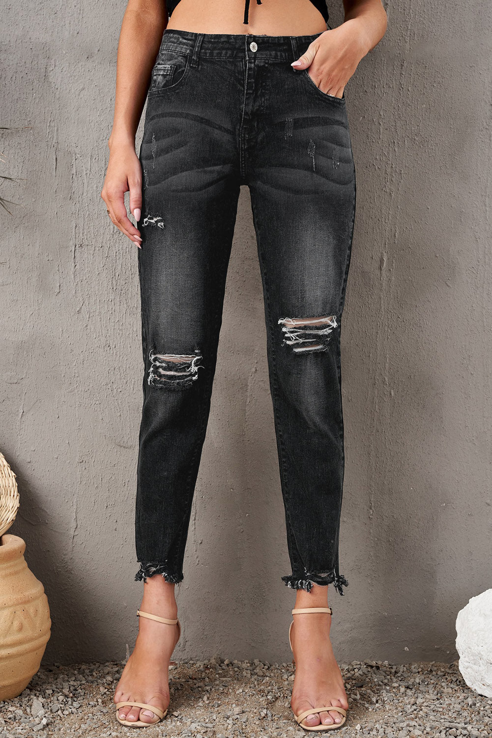 Distressed Cropped Jeans by Trendsi