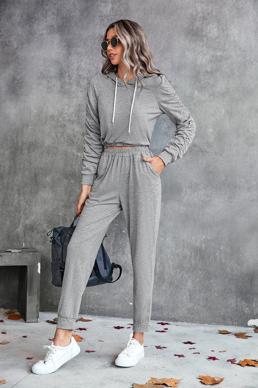 Ruched Raglan Sleeve Hoodie and Joggers Set by Trendsi