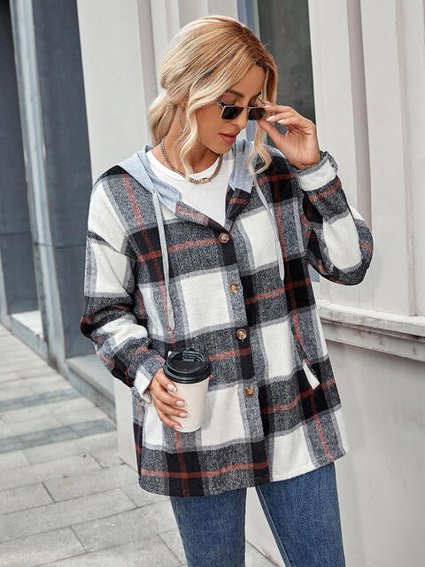 Plaid Hooded Jacket with Pockets by Trendsi