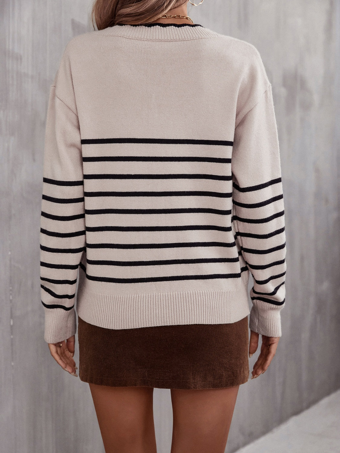 Striped V-Neck Drop Shoulder Sweater by Trendsi