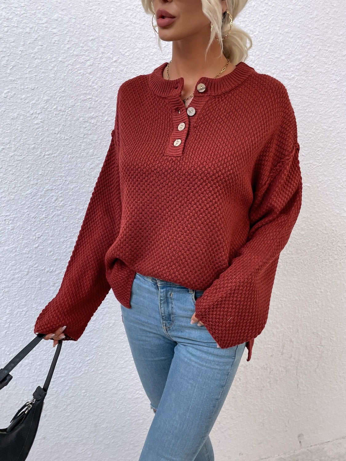 Quarter-Button Slit Sweater by Trendsi
