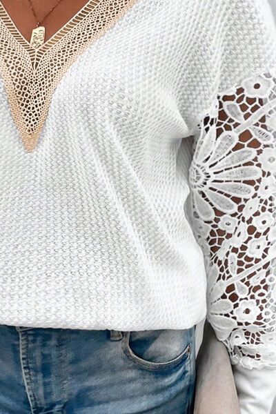 Waffle-Knit Crochet V-Neck Plus Size Blouse by Trendsi