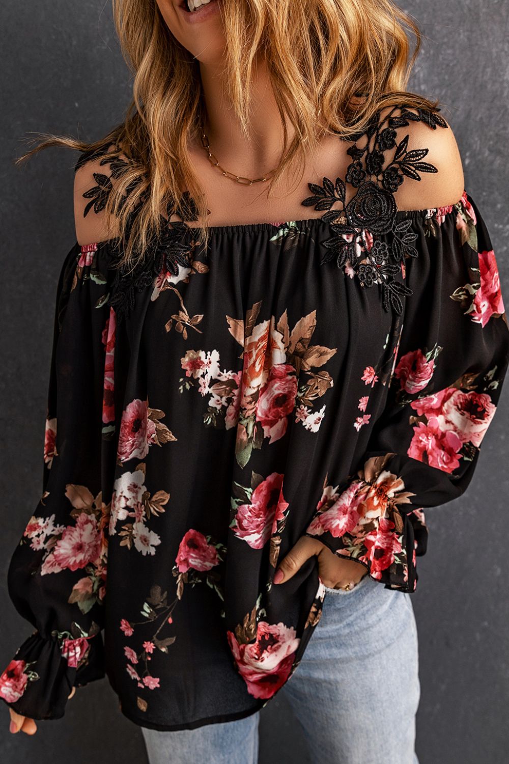 Floral Lace Cold-Shoulder Flounce Sleeve Blouse by Trendsi