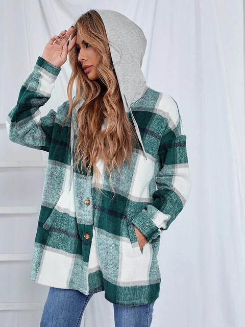 Plaid Hooded Jacket with Pockets by Trendsi