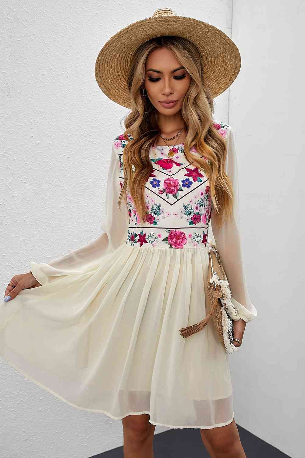 Floral Mesh Sleeve Lined Dress by Trendsi