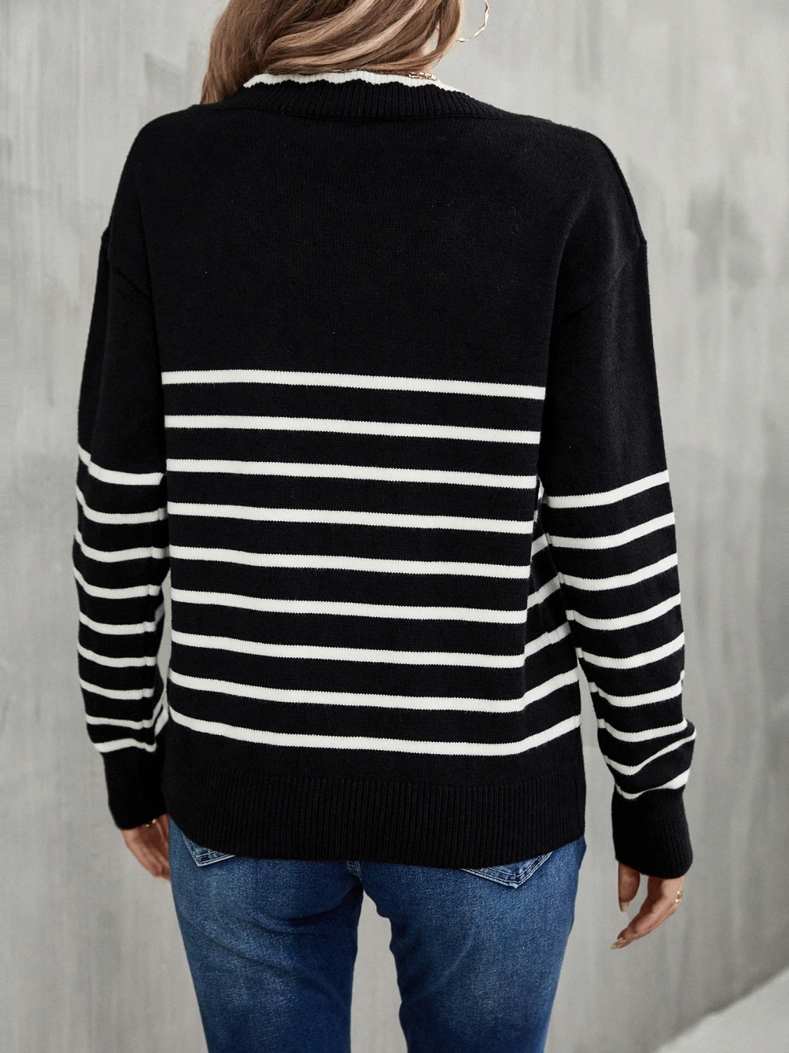 Striped V-Neck Drop Shoulder Sweater by Trendsi