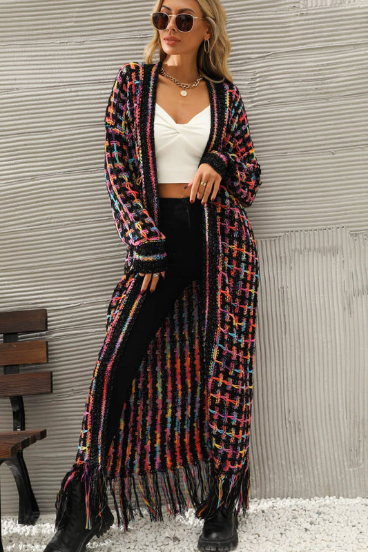 Multicolored Open Front Fringe Hem Cardigan by Trendsi