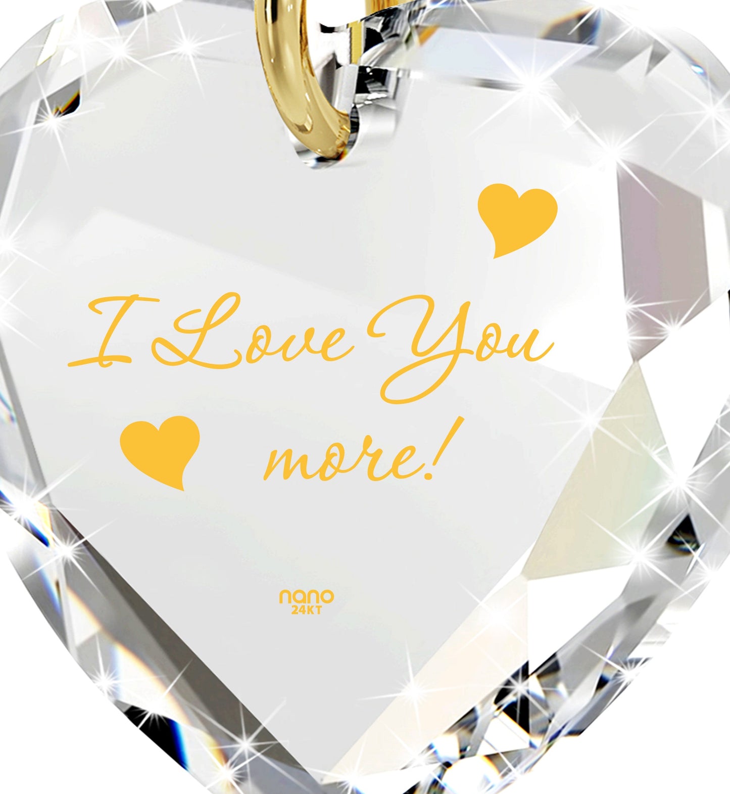 I Love You More Necklace 24k Gold Inscribed Tiny Crystal Swarovski Heart Pendant