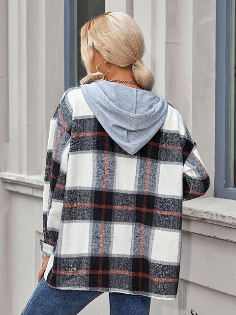 Plaid Hooded Jacket with Pockets by Trendsi